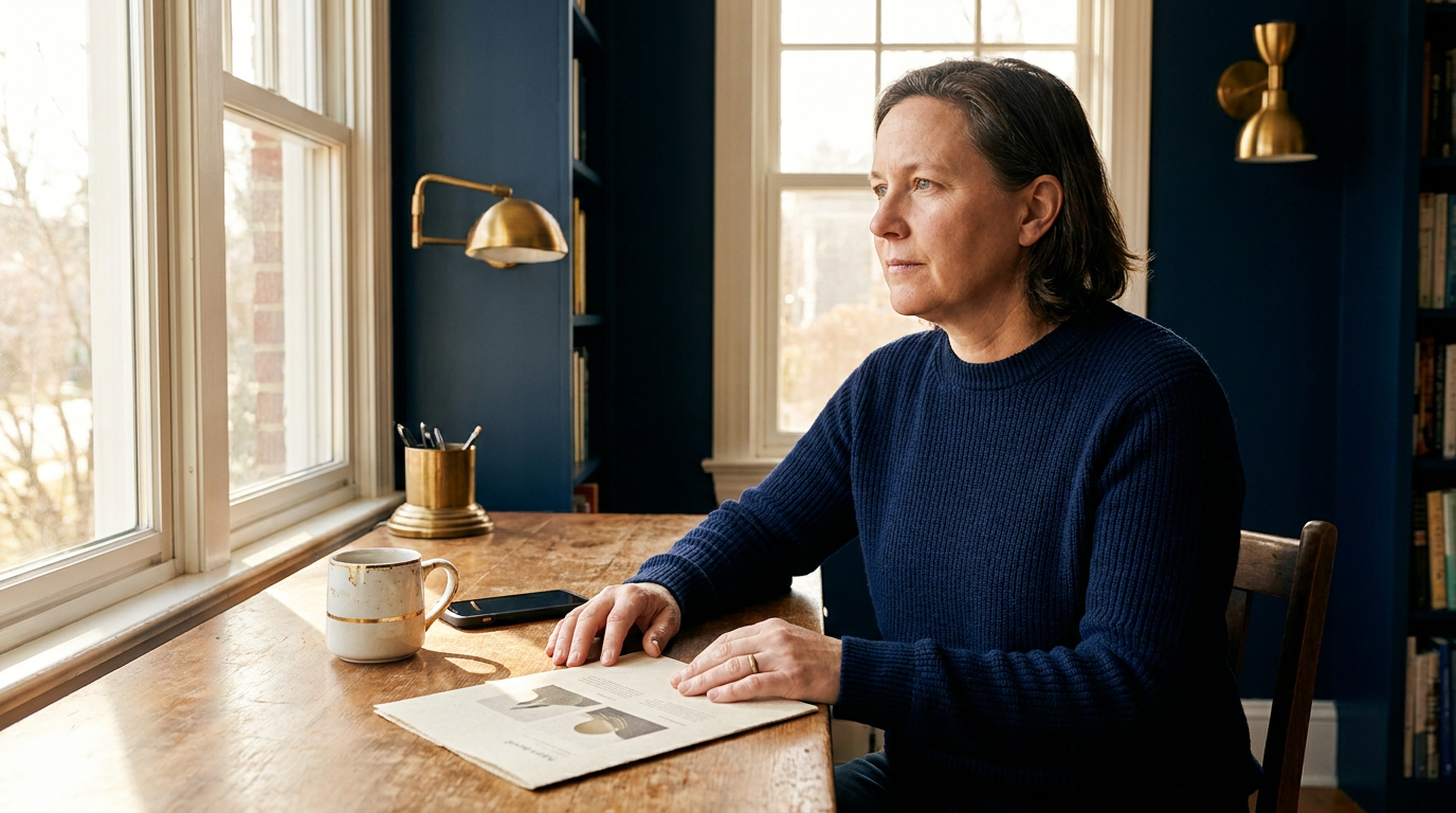 A small-business owner at a wooden desk by a window reading a single printed report next to a coffee mug, warm morning light, in deep navy and warm gold tones.