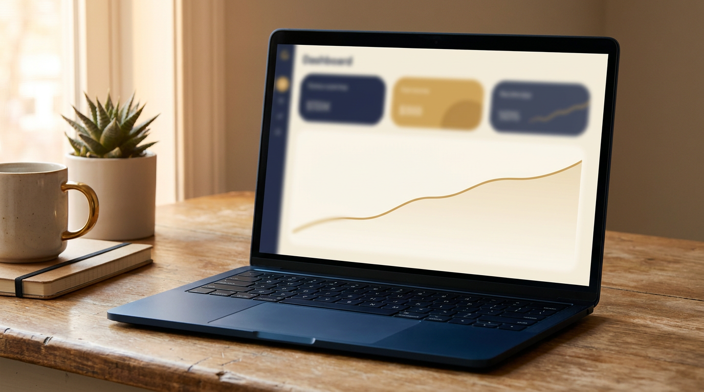 A laptop on a wooden desk showing a simple, clean dashboard with a few plain cards and one smooth upward line, blurred so no text is readable, in warm light with navy and gold tones.