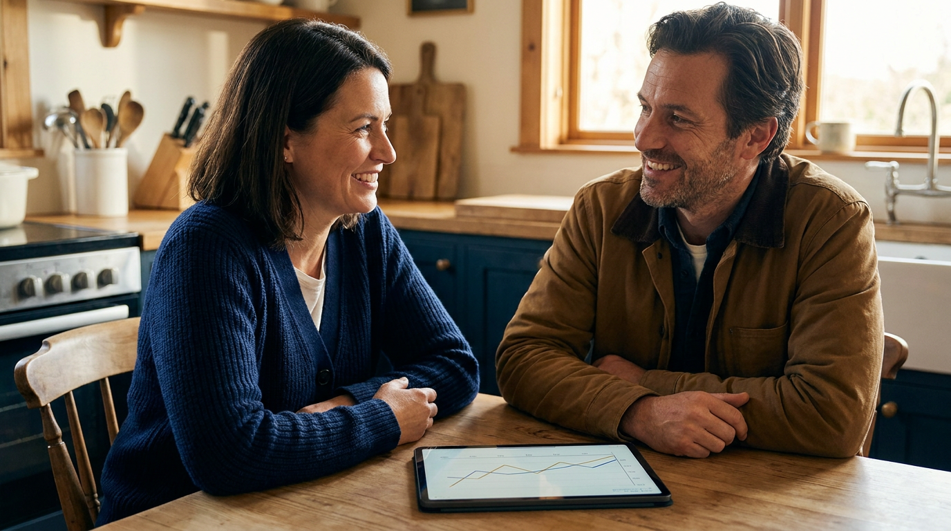 A small-business owner and an advisor at a kitchen table looking together at one simple, clear chart on a tablet, in warm light with navy and gold tones.