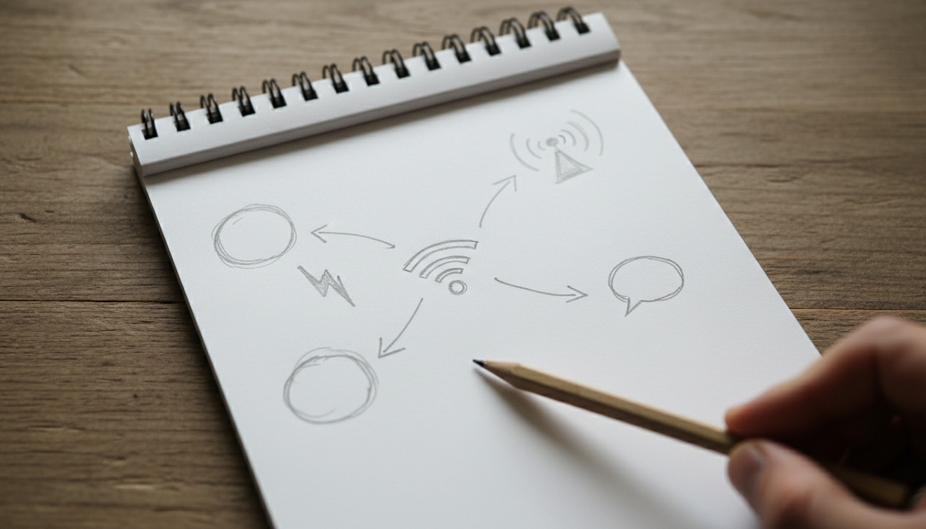 A simple hand-drawn map on a notepad showing arrows connecting different marketing channels to customer types, no text or logos visible