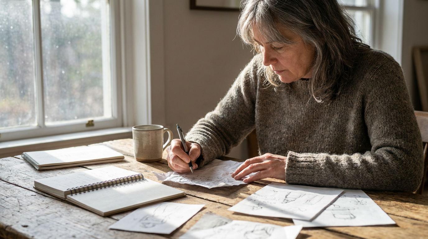 A small business owner sitting at a wooden desk reviewing a simple marketing plan on paper, warm morning light, no screens showing logos
