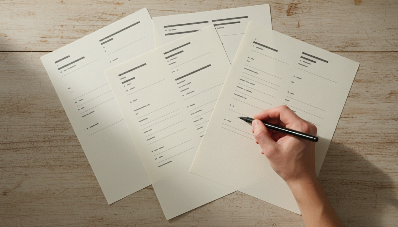 A flat lay of printed directory listing pages spread across a desk with a pen marking inconsistencies between them
