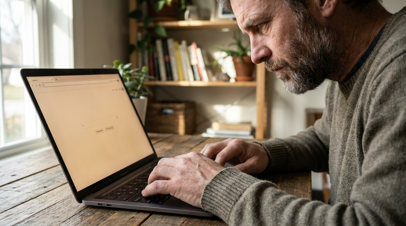 A small business owner at a wooden desk looking at a laptop screen showing a search results page with no matching results visible