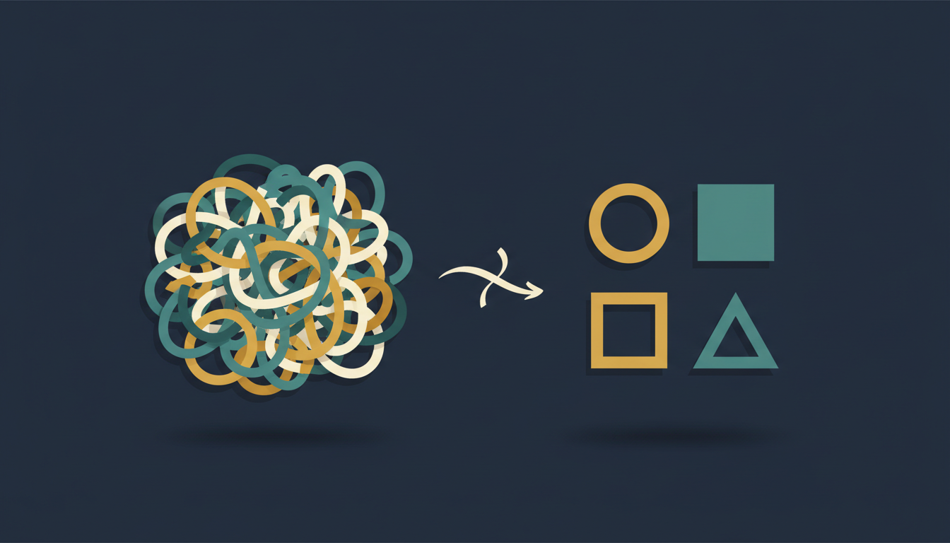 A tangle of confusing buzzword shapes on the left resolving into a few clean, simple icons on the right.