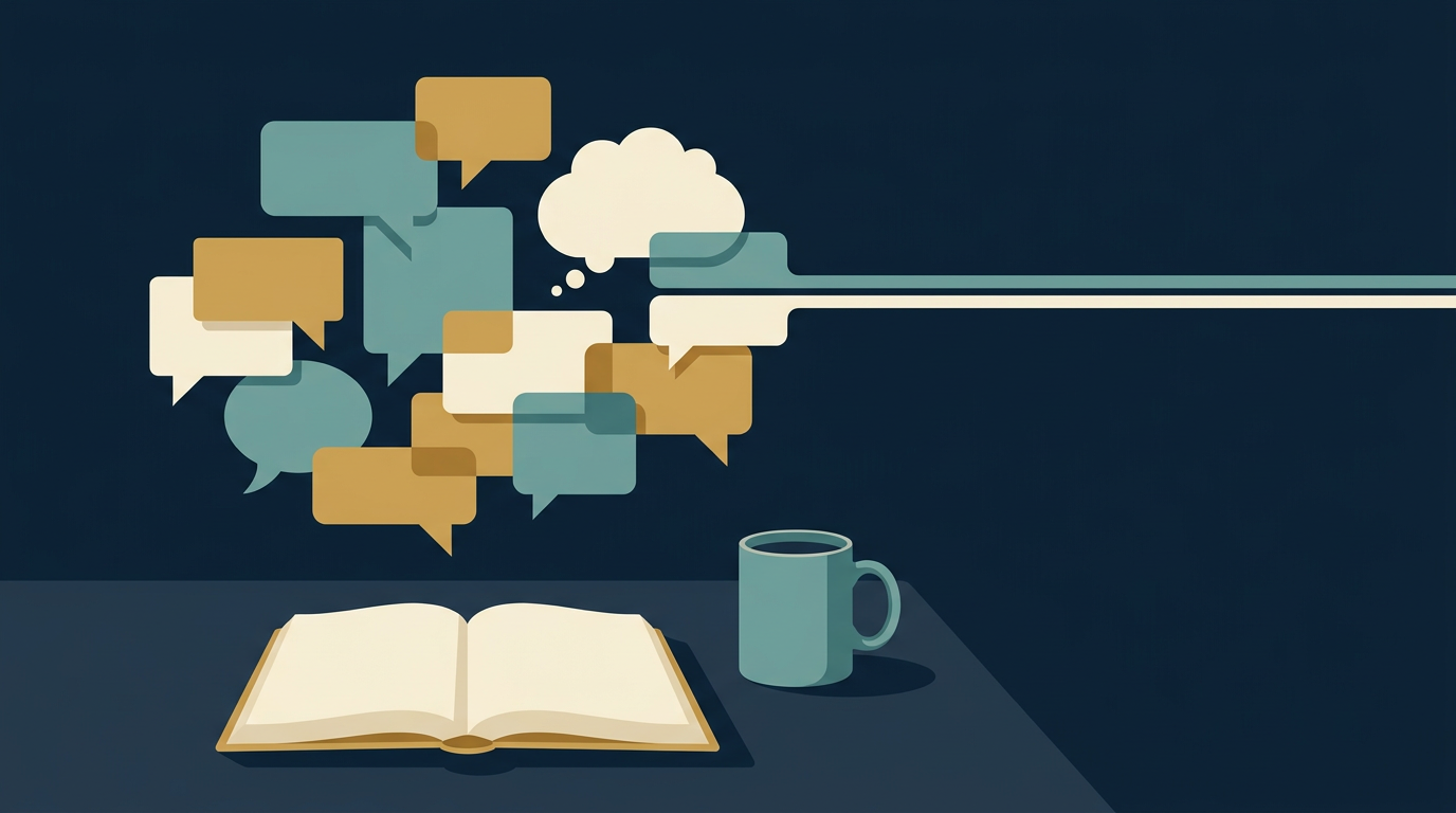 A flat illustration of a small-business desk where a tangle of speech bubbles and buzzwords resolves into one clean plain line, in navy, teal, and gold.