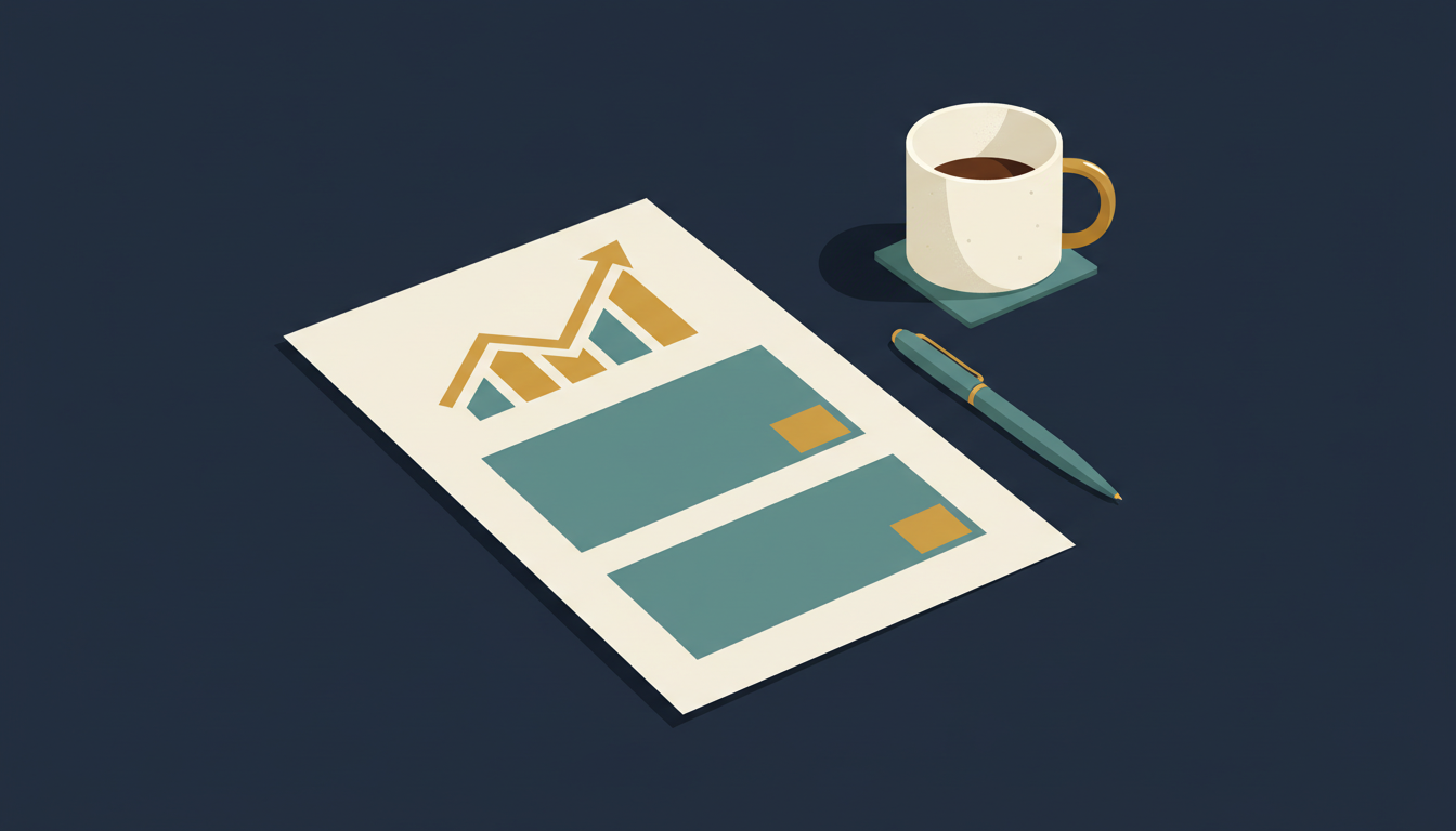 A clean, simple one-page marketing report card with a few clear metric tiles and one upward line, next to a coffee mug and pen.
