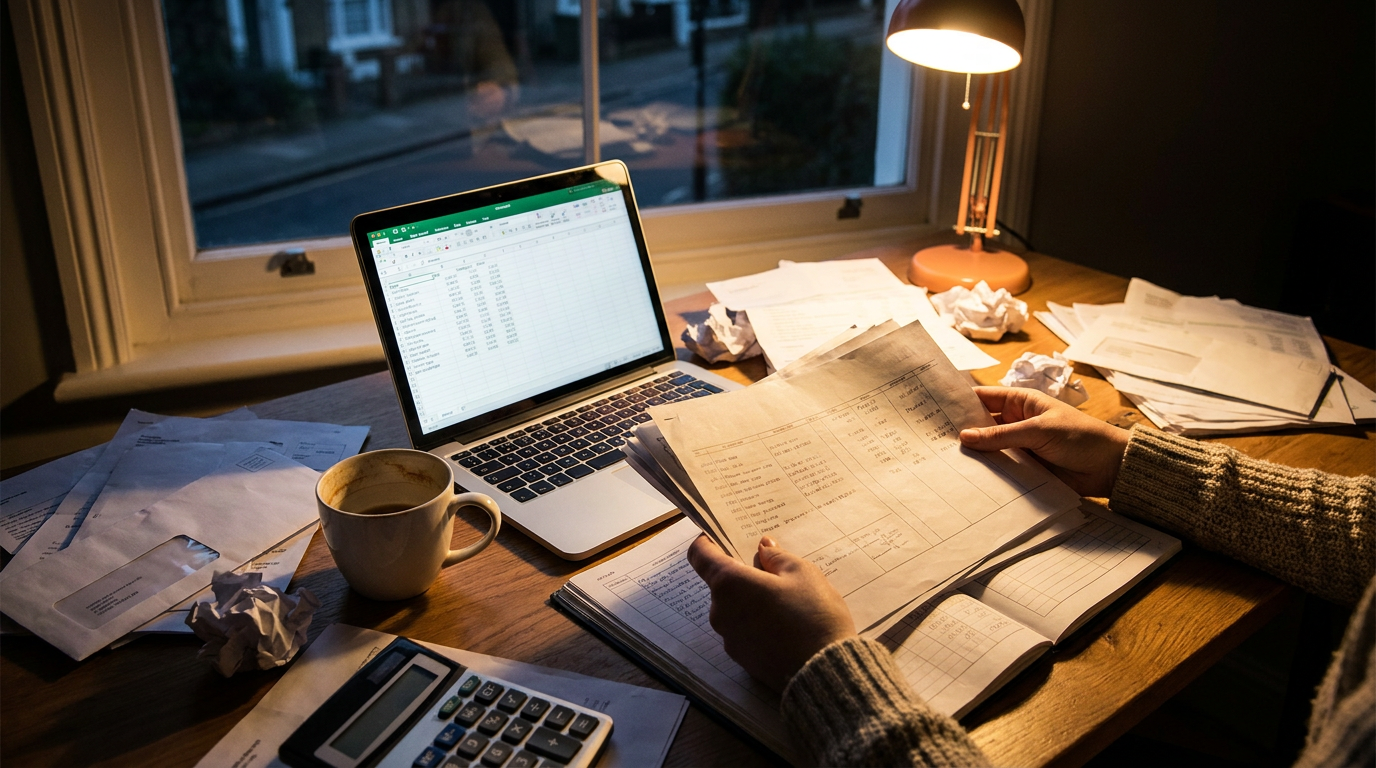 A small business owner sitting at a desk surrounded by papers and a laptop, looking at regulatory documents under a warm desk lamp
