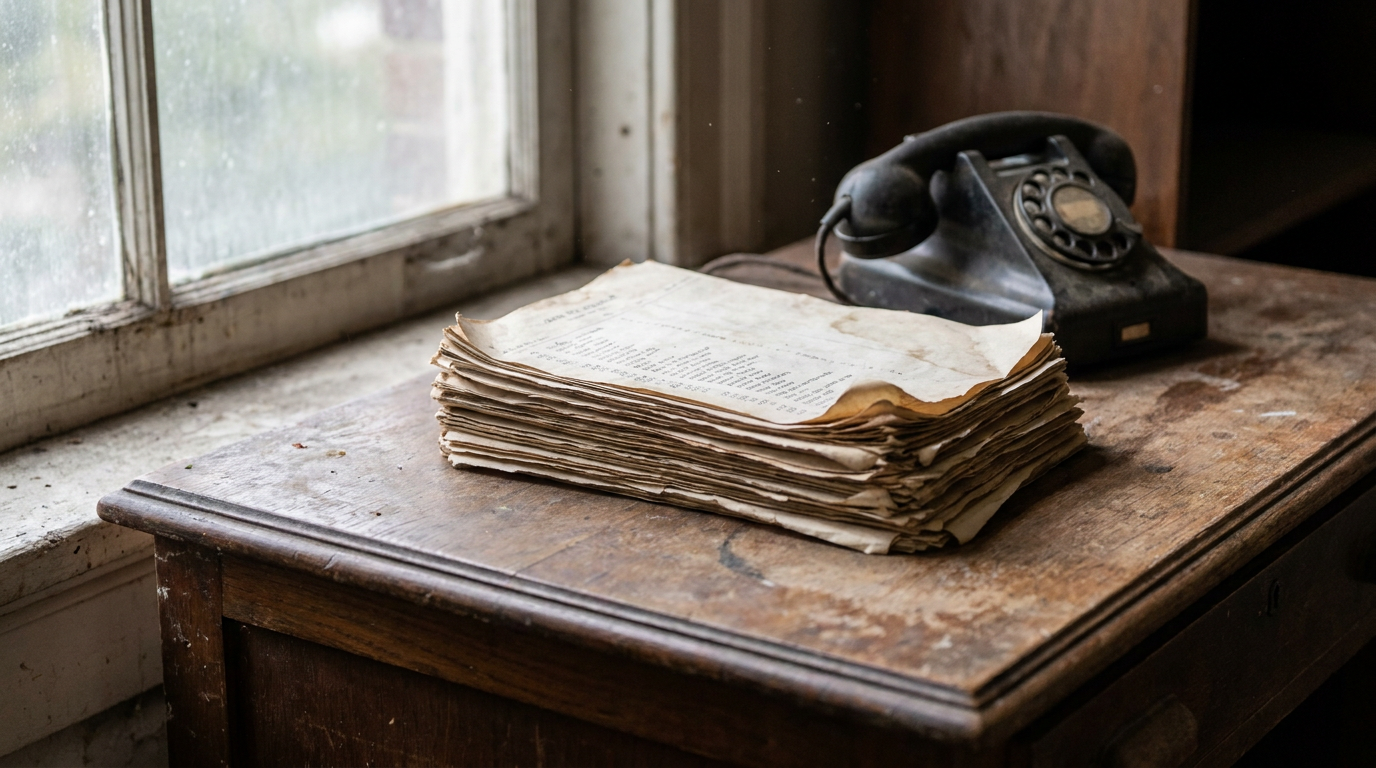 A stack of printed paper lists sitting on a worn wooden desk next to an old telephone, with dust particles visible in the light