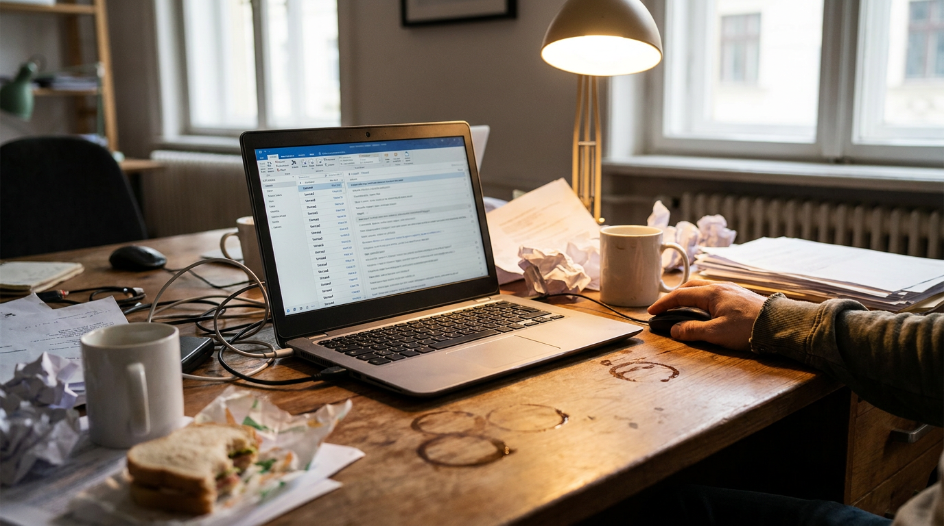 A cluttered email inbox visible on a laptop screen, overwhelmed with unread messages, sitting on a coffee-stained office desk